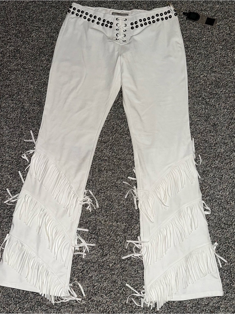 Double D Ranch White Fringe Lace-Up Flared Pants